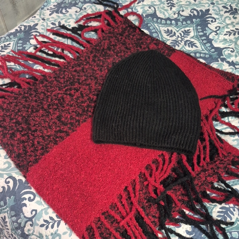 Red and Black Knit Scarf with Beanie